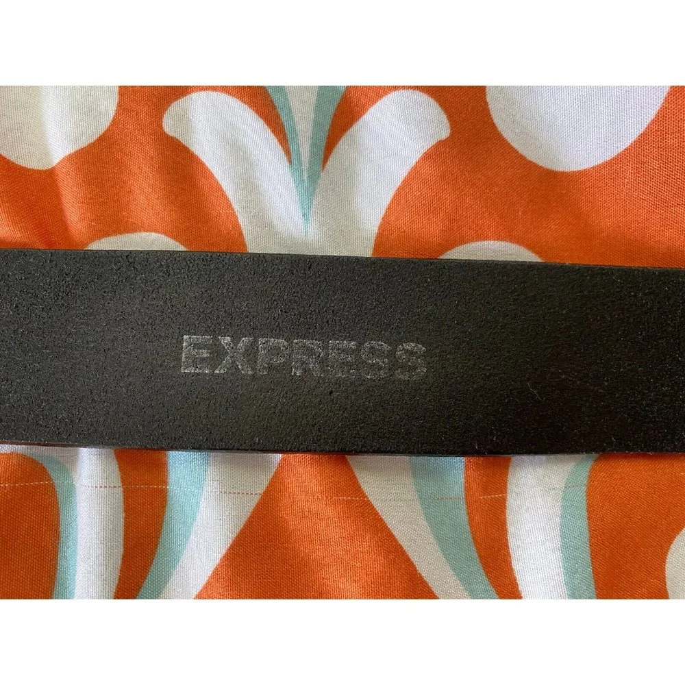 Vintage Express Wide Black Leather Belt Large Buckle Enamel Rhinestones‎ Medium